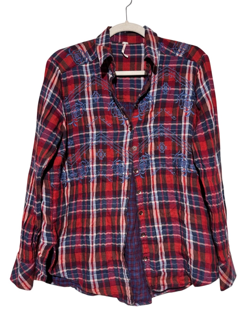 Free People Magical Plaid Button Front Shirt Size XS Embroidered Flannel Fall